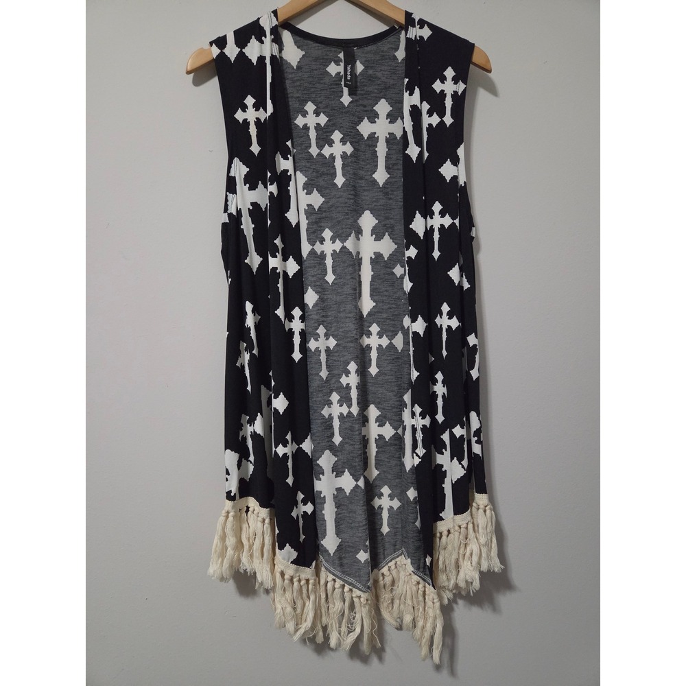 Yahada Womens Cross Print Fringe Tassel Sleeveless Cardigan Vest Black White L